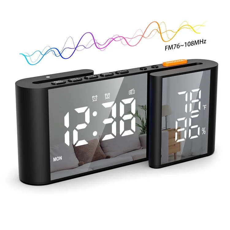 EN8837-A 6 inch Dual Screen LED Dimming Electronic Clock Temperature and Humidity Alarm Cock FM Radio - Black  /  White