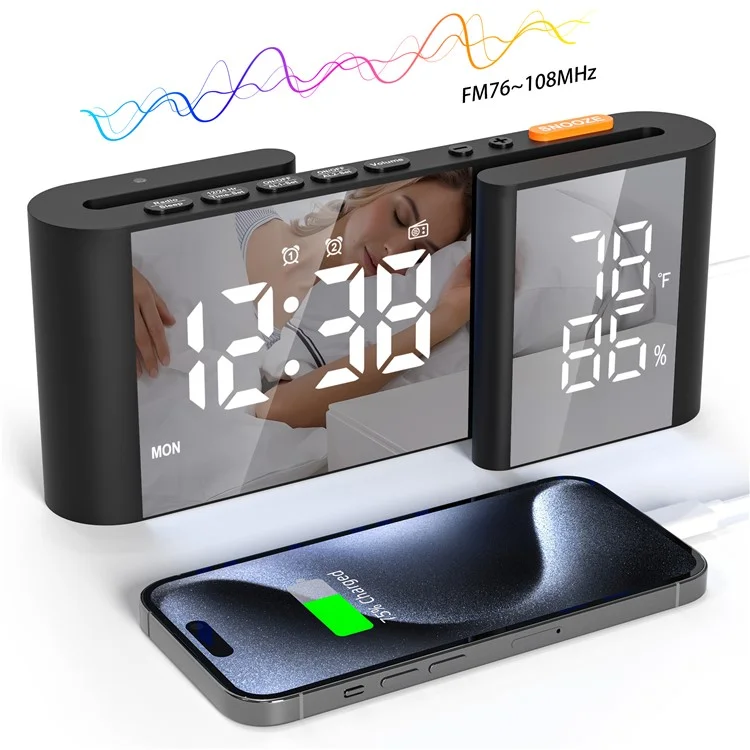 EN8837-A 6 inch Dual Screen LED Dimming Electronic Clock Temperature and Humidity Alarm Cock FM Radio - Black  /  White