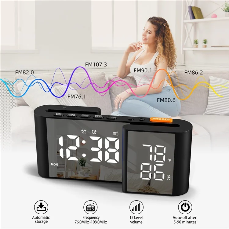 EN8837-A 6 inch Dual Screen LED Dimming Electronic Clock Temperature and Humidity Alarm Cock FM Radio - Black  /  White
