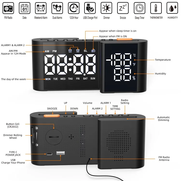 EN8837-A 6 inch Dual Screen LED Dimming Electronic Clock Temperature and Humidity Alarm Cock FM Radio - Black  /  White