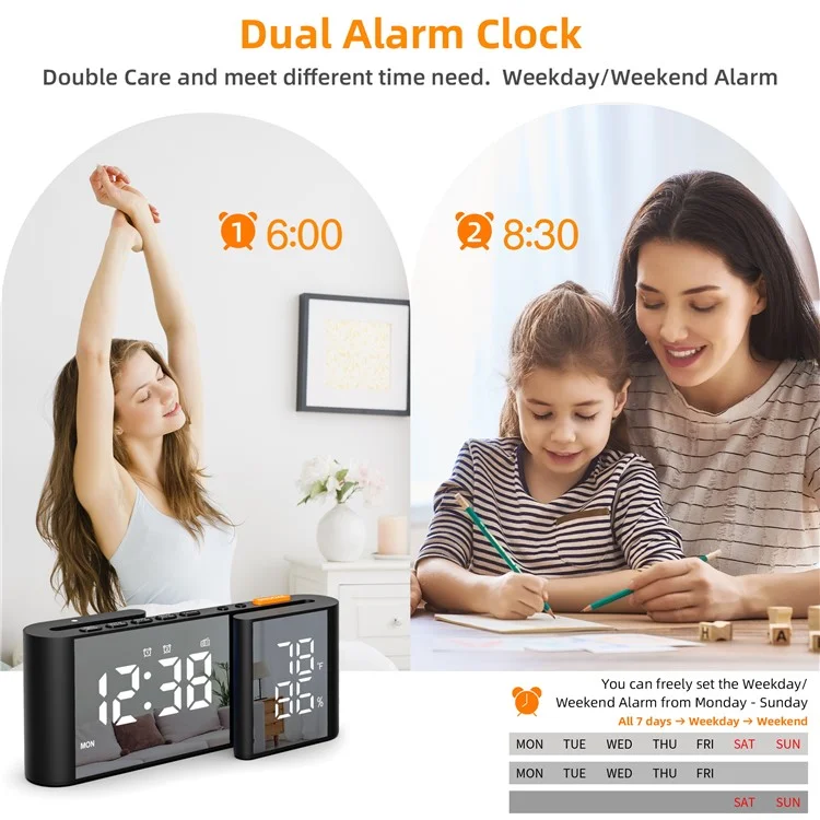 EN8837-A 6 inch Dual Screen LED Dimming Electronic Clock Temperature and Humidity Alarm Cock FM Radio - Black  /  White