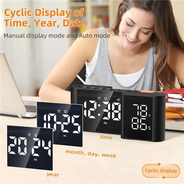 EN8837-A 6 inch Dual Screen LED Dimming Electronic Clock Temperature and Humidity Alarm Cock FM Radio - Black  /  White