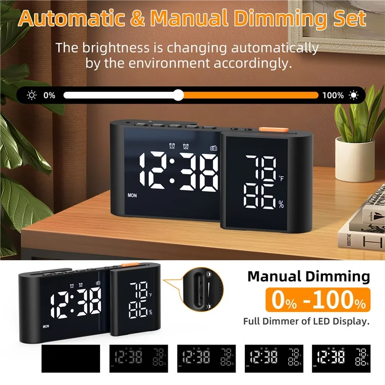 EN8837-A 6 inch Dual Screen LED Dimming Electronic Clock Temperature and Humidity Alarm Cock FM Radio - Black  /  White