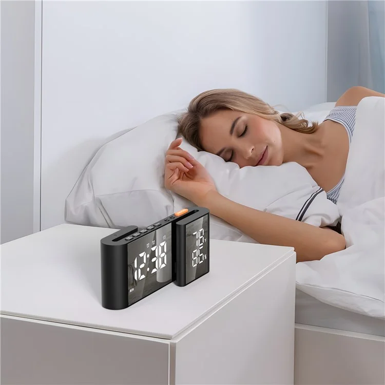 EN8837-A 6 inch Dual Screen LED Dimming Electronic Clock Temperature and Humidity Alarm Cock FM Radio - Black  /  White