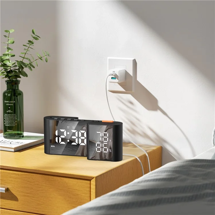EN8837-A 6 inch Dual Screen LED Dimming Electronic Clock Temperature and Humidity Alarm Cock FM Radio - Black  /  White