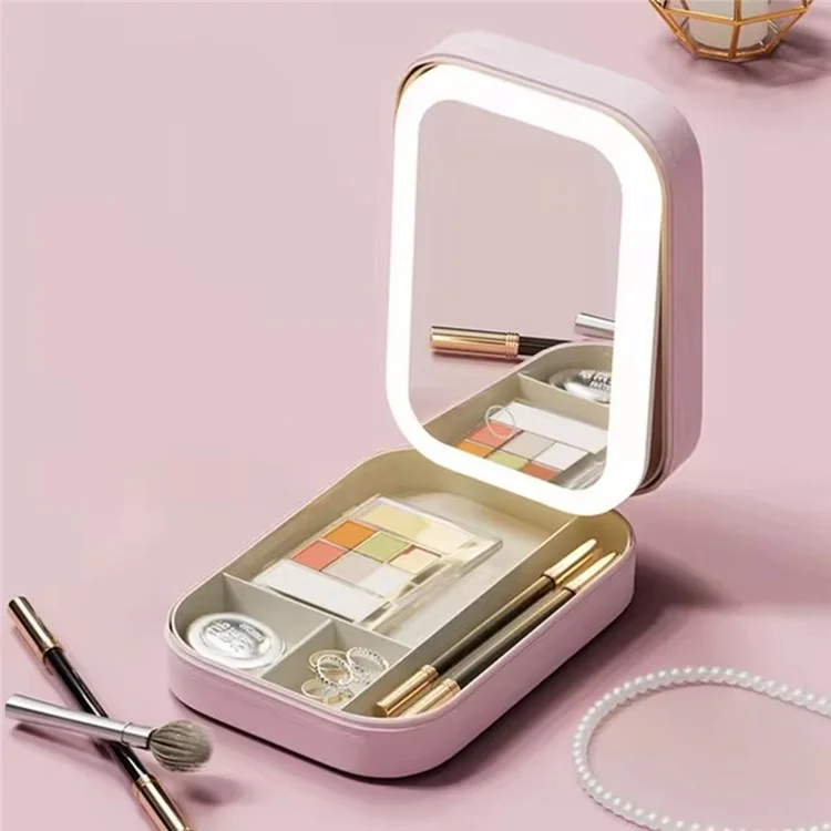 Custodia a Specchio Cosmetico LED Specchio di Stoccaggio Dello Specchio Con Borsa Per Trucco Portatile Leggera - Rosa