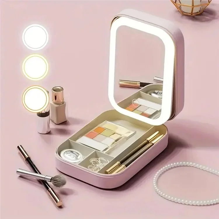 Custodia a Specchio Cosmetico LED Specchio di Stoccaggio Dello Specchio Con Borsa Per Trucco Portatile Leggera - Rosa