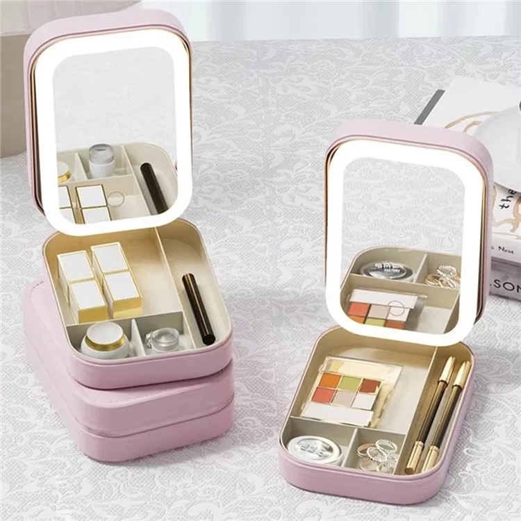 Custodia a Specchio Cosmetico LED Specchio di Stoccaggio Dello Specchio Con Borsa Per Trucco Portatile Leggera - Rosa