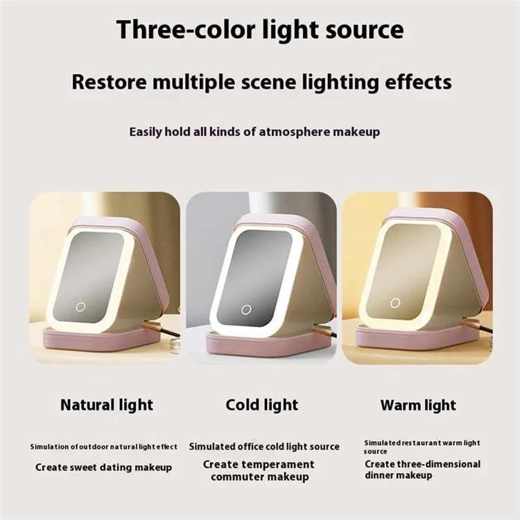 Custodia a Specchio Cosmetico LED Specchio di Stoccaggio Dello Specchio Con Borsa Per Trucco Portatile Leggera - Rosa