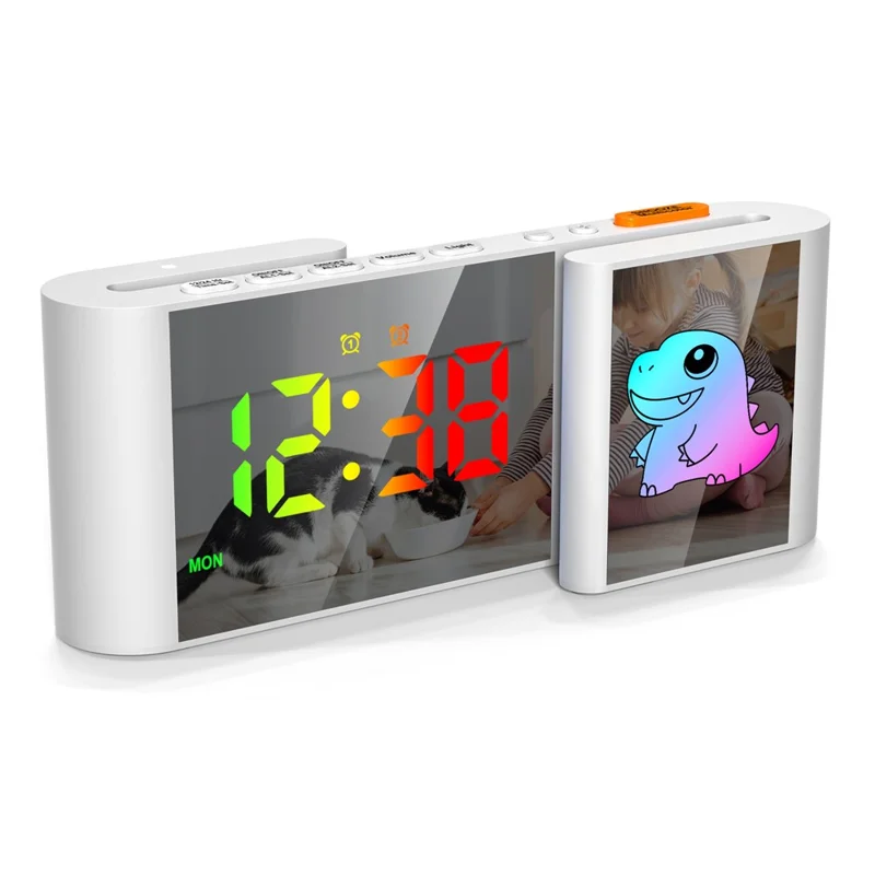 EN8837-C 6 inch LED Dimming Electronic Clock Dual Screen Alarm Cock with RGB Night Light - White  /  Dinosaur