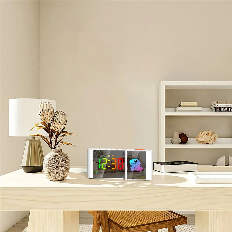 EN8837-C 6 inch LED Dimming Electronic Clock Dual Screen Alarm Cock with RGB Night Light - White  /  Dinosaur