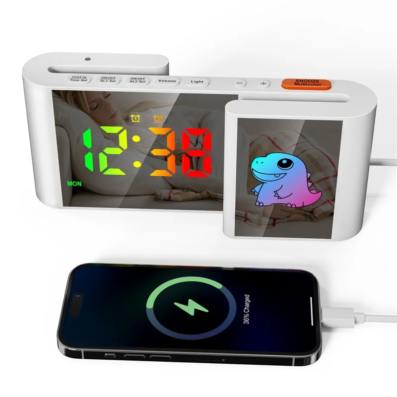 EN8837-C 6 inch LED Dimming Electronic Clock Dual Screen Alarm Cock with RGB Night Light - White  /  Dinosaur