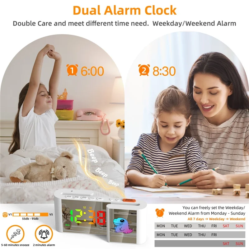 EN8837-C 6 inch LED Dimming Electronic Clock Dual Screen Alarm Cock with RGB Night Light - White  /  Dinosaur