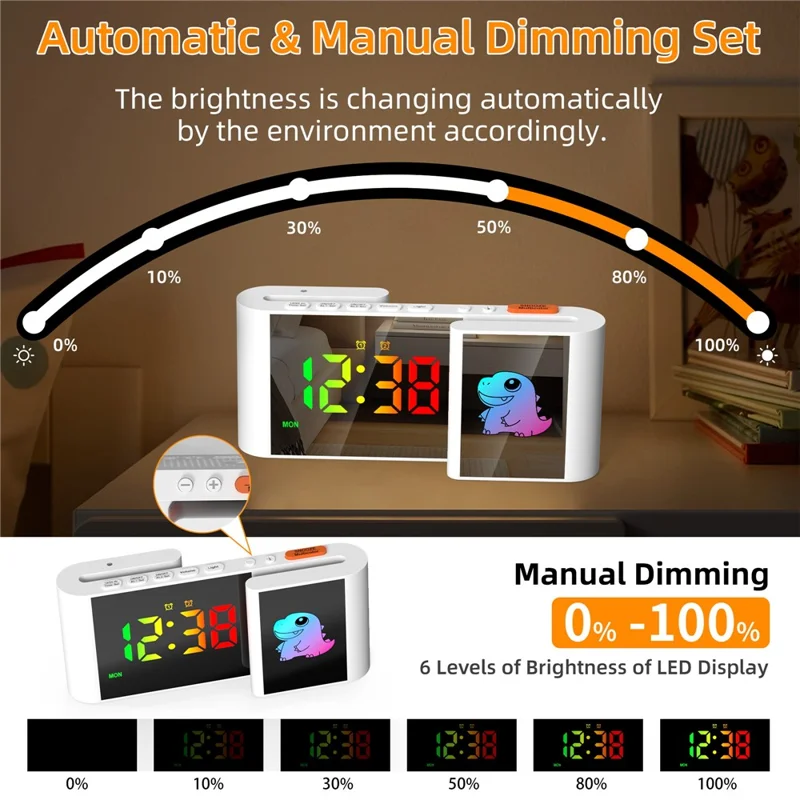 EN8837-C 6 inch LED Dimming Electronic Clock Dual Screen Alarm Cock with RGB Night Light - White  /  Dinosaur