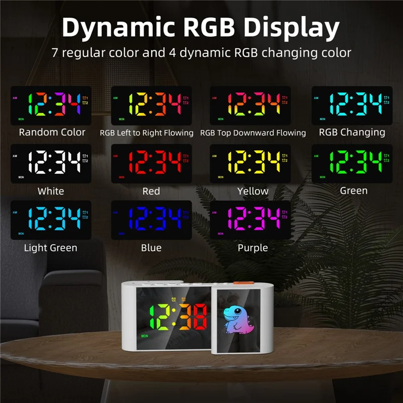 EN8837-C 6 inch LED Dimming Electronic Clock Dual Screen Alarm Cock with RGB Night Light - White  /  Dinosaur