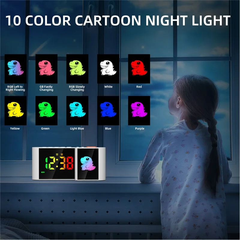 EN8837-C 6 inch LED Dimming Electronic Clock Dual Screen Alarm Cock with RGB Night Light - White  /  Dinosaur
