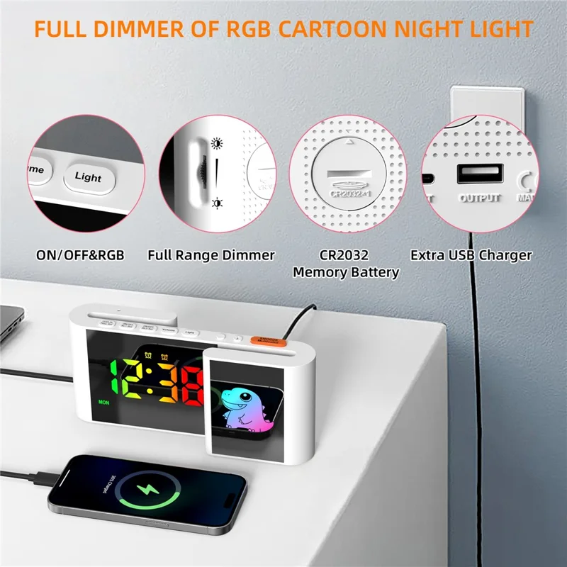 EN8837-C 6 inch LED Dimming Electronic Clock Dual Screen Alarm Cock with RGB Night Light - White  /  Dinosaur