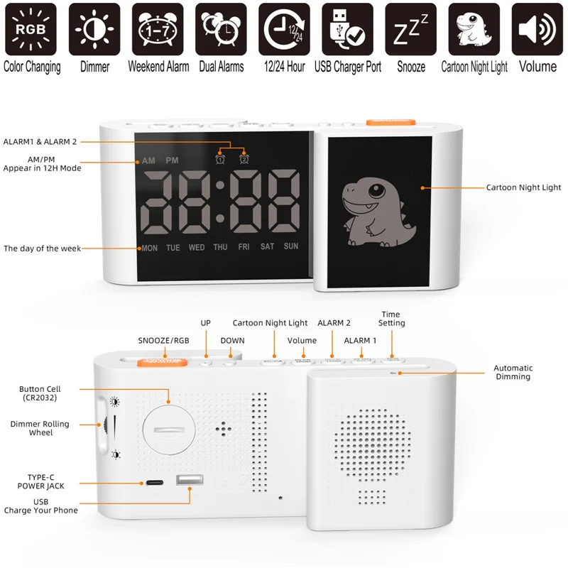 EN8837-C 6 inch LED Dimming Electronic Clock Dual Screen Alarm Cock with RGB Night Light - White  /  Dinosaur