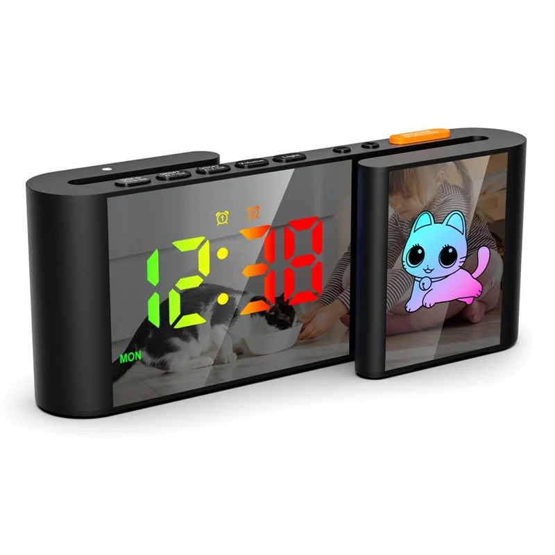 EN8837-C 6 inch LED Dimming Electronic Clock Dual Screen Alarm Cock with RGB Night Light - Black  /  Cat