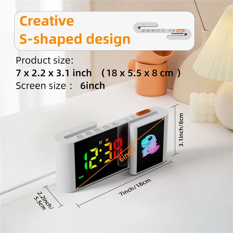 EN8837-C 6 inch LED Dimming Electronic Clock Dual Screen Alarm Cock with RGB Night Light - Black  /  Cat