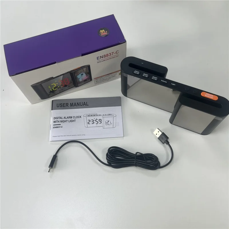 EN8837-C 6 inch LED Dimming Electronic Clock Dual Screen Alarm Cock with RGB Night Light - Black  /  Cat