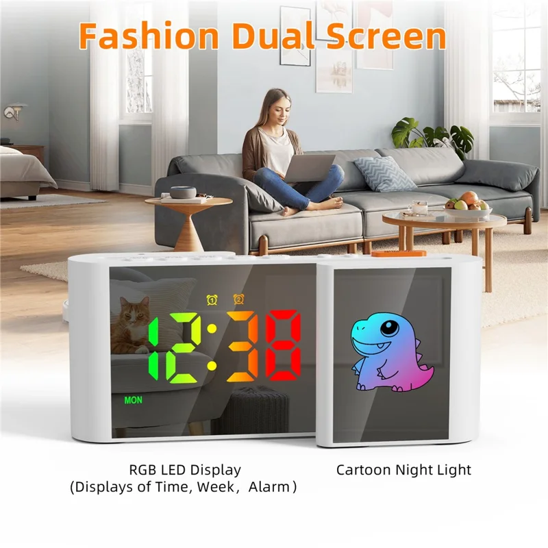 EN8837-C 6 inch LED Dimming Electronic Clock Dual Screen Alarm Cock with RGB Night Light - Black  /  Cat