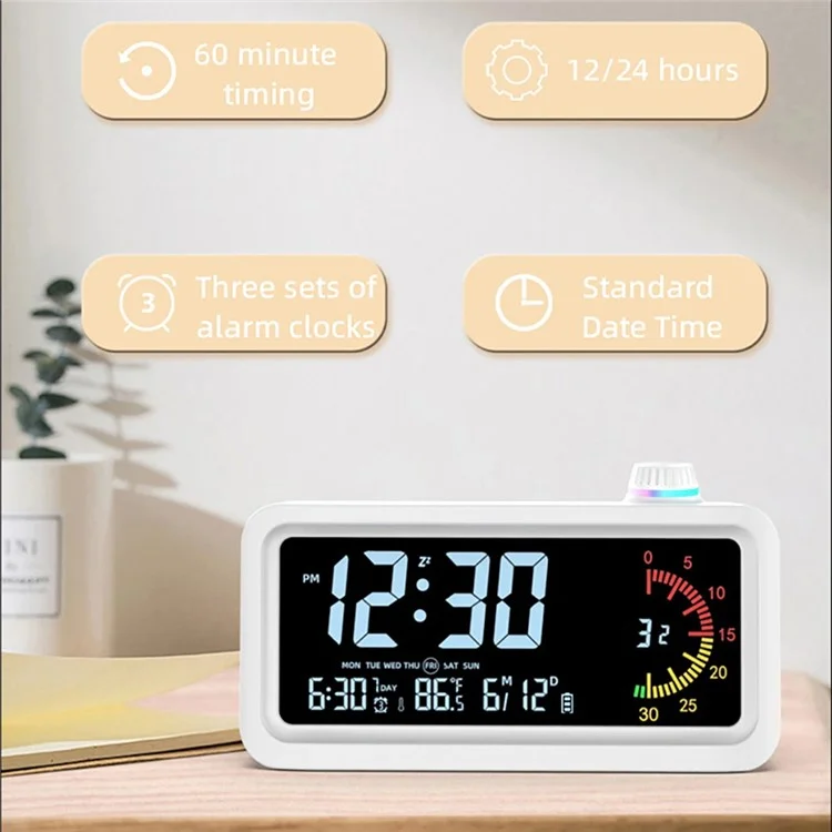 Digital Display Desk Clock Smart Visual Color Timer Bedside Desktop Student Electronic Alarm Clock - White