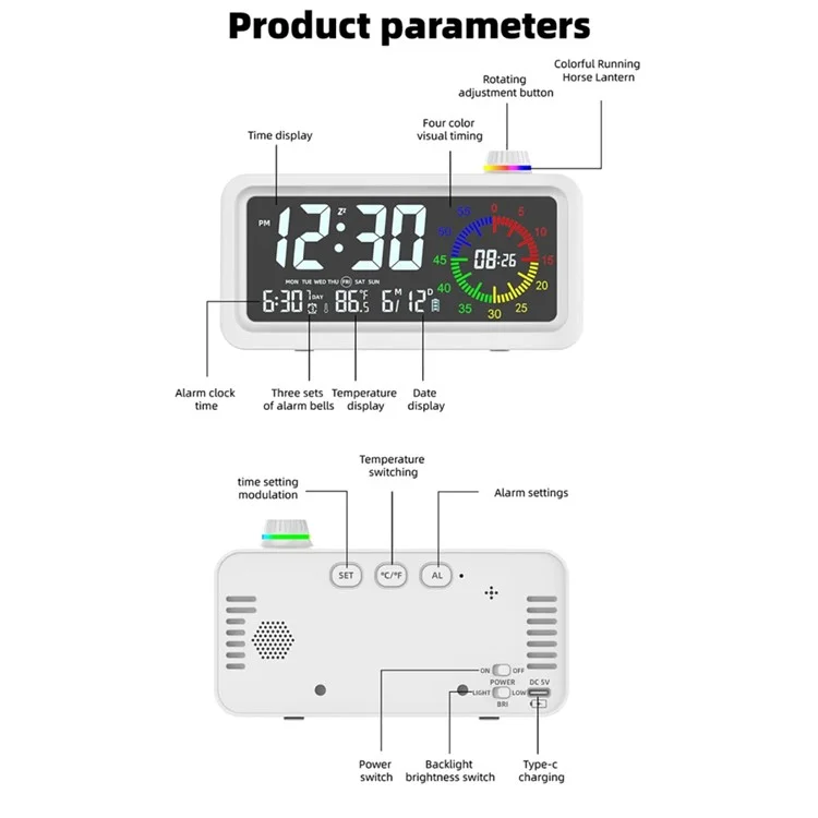Digital Display Desk Clock Smart Visual Color Timer Bedside Desktop Student Electronic Alarm Clock - White
