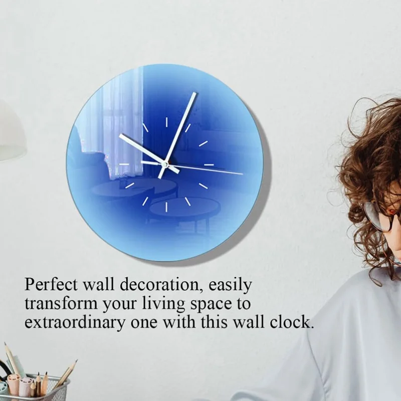 12 inch Sunset Wall Clock with Dial Scale Silent Gradient Glass Clocks for Home (No Battery) - Blue