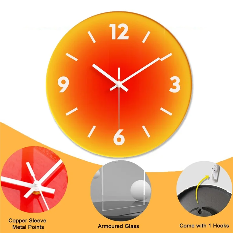 12 inch Sunset Wall Clock Battery Operated Gradient Glass Silent Clocks for Home (No Battery) - Orange  /  Number