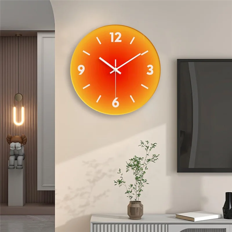 12 inch Sunset Wall Clock Battery Operated Gradient Glass Silent Clocks for Home (No Battery) - Orange  /  Number