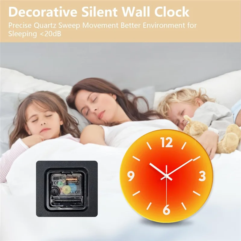 12 inch Sunset Wall Clock Battery Operated Gradient Glass Silent Clocks for Home (No Battery) - Orange  /  Number