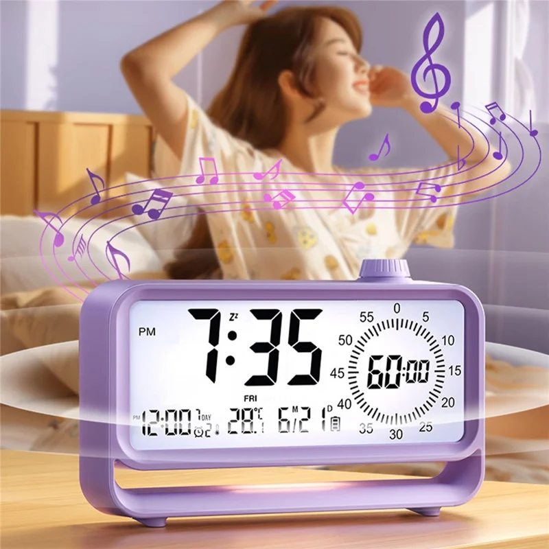 Digital Alarm Clock with Visual Timer 3 Level Brightness Countdown LCD Time Reminder (No Battery) - Purple