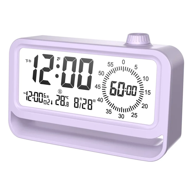 Digital Alarm Clock with Visual Timer 3 Level Brightness USB Rechargeable Countdown LCD Time Reminder - Purple