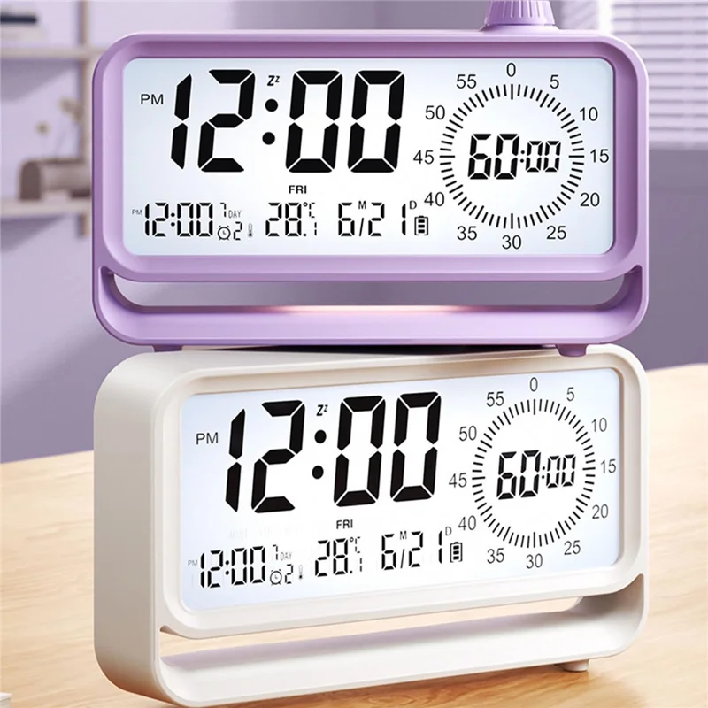 Digital Alarm Clock with Visual Timer 3 Level Brightness USB Rechargeable Countdown LCD Time Reminder - Purple
