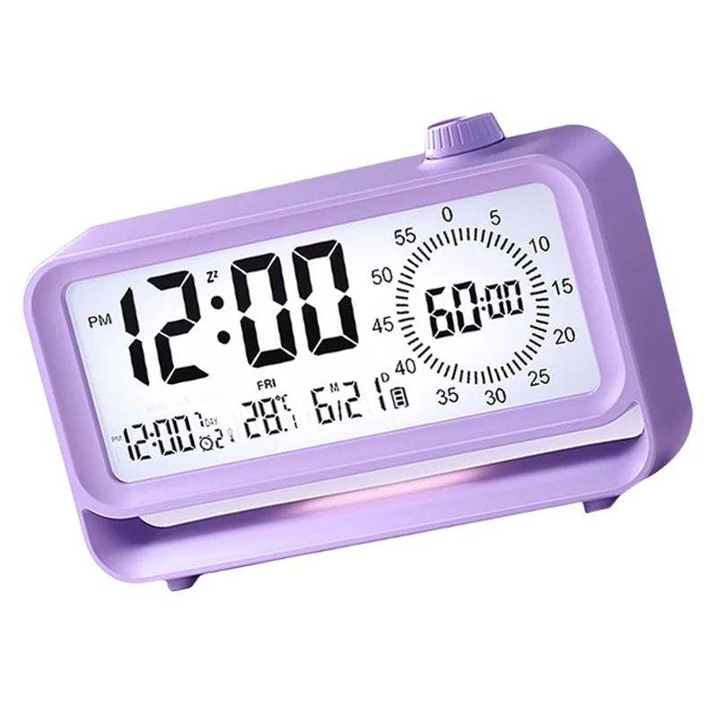 Digital Alarm Clock with Visual Timer 3 Level Brightness USB Rechargeable Countdown LCD Time Reminder - Purple