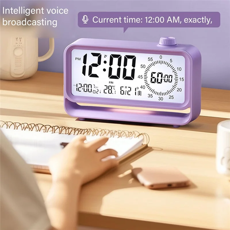 Digital Alarm Clock with Visual Timer 3 Level Brightness USB Rechargeable Countdown LCD Time Reminder - Purple