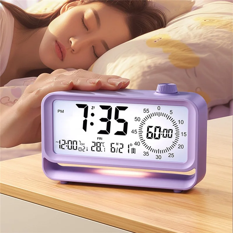 Digital Alarm Clock with Visual Timer 3 Level Brightness USB Rechargeable Countdown LCD Time Reminder - Purple