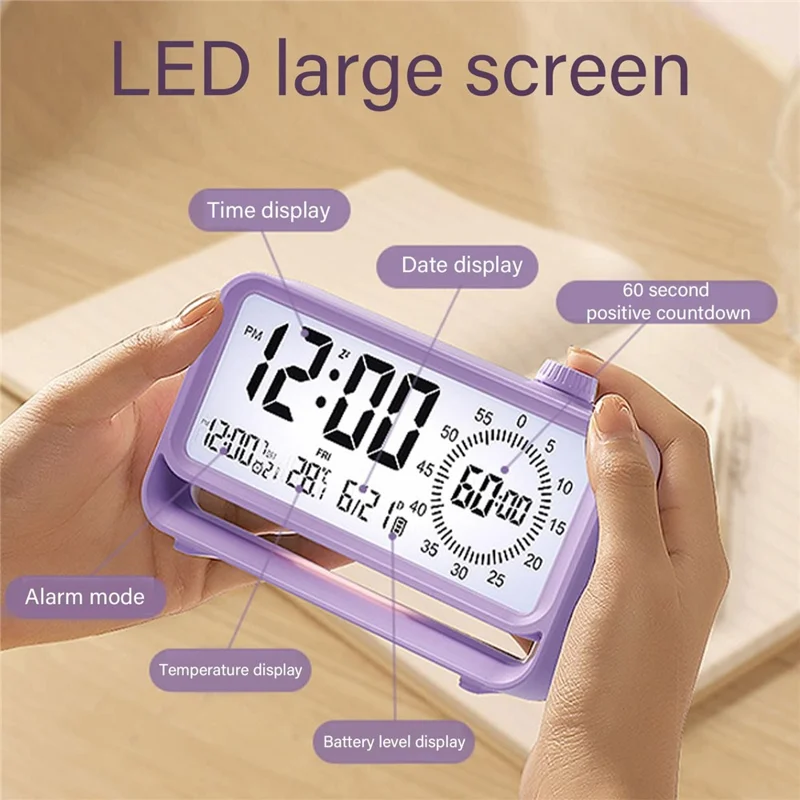 Digital Alarm Clock with Visual Timer 3 Level Brightness USB Rechargeable Countdown LCD Time Reminder - Purple