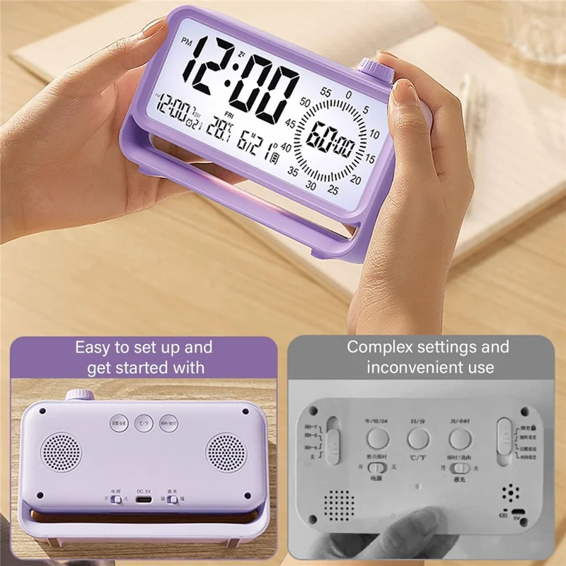 Digital Alarm Clock with Visual Timer 3 Level Brightness USB Rechargeable Countdown LCD Time Reminder - Purple
