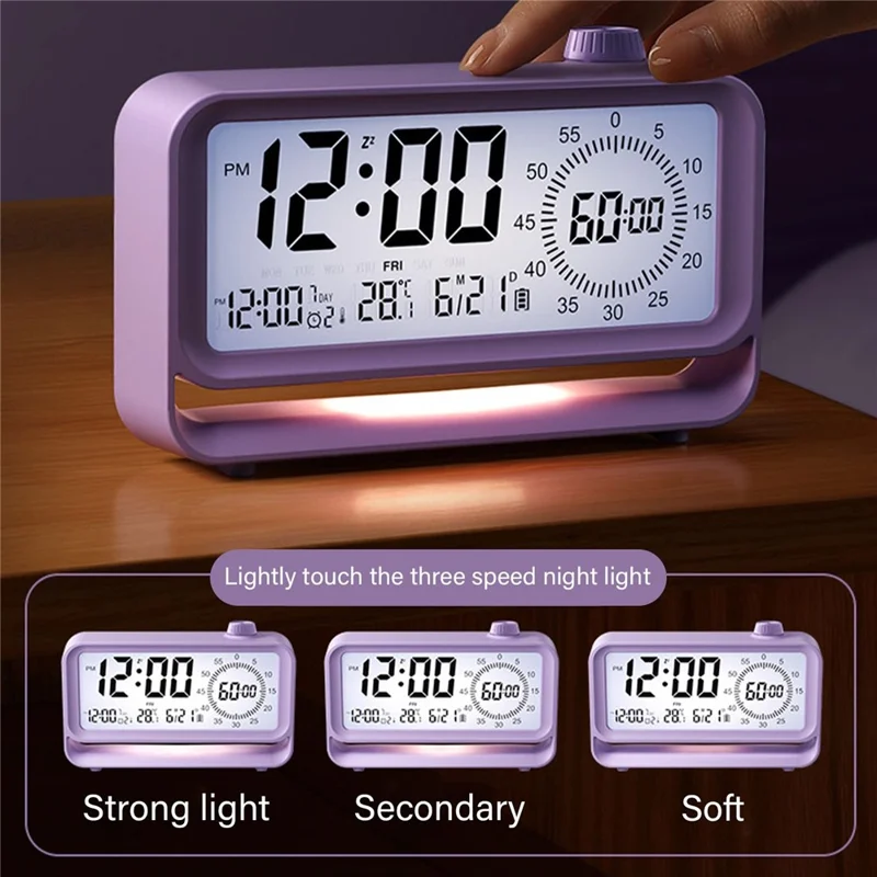 Digital Alarm Clock with Visual Timer 3 Level Brightness USB Rechargeable Countdown LCD Time Reminder - Purple