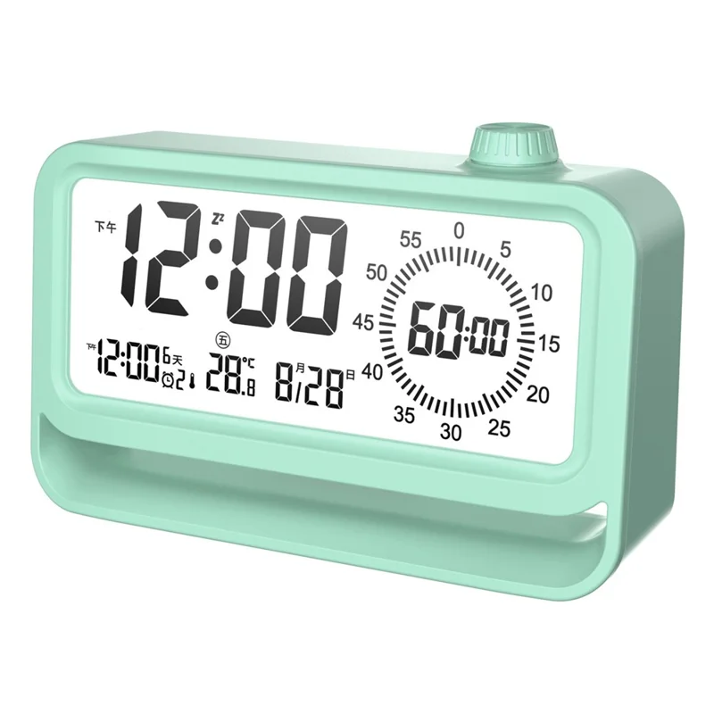 Digital Alarm Clock with Visual Timer 3 Level Brightness USB Rechargeable Countdown LCD Time Reminder - Green