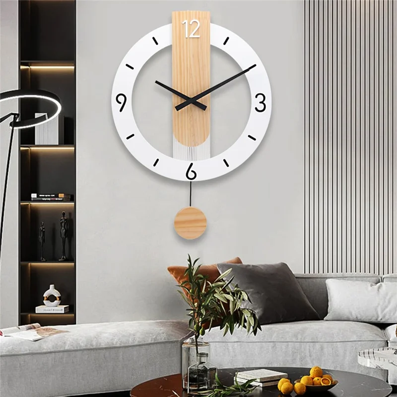 Minimalist Scandinavian Wooden Pendulum Clock Silent Wall Clock for Living Room Bedroom Decor - Arabic Numerals+Scale