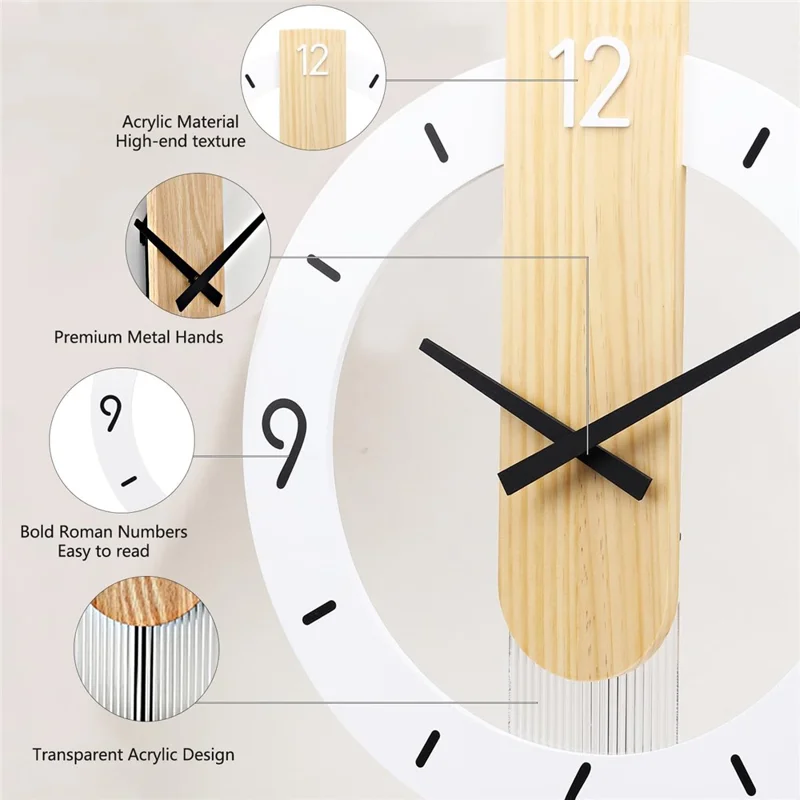 Minimalist Scandinavian Wooden Pendulum Clock Silent Wall Clock for Living Room Bedroom Decor - Arabic Numerals+Scale