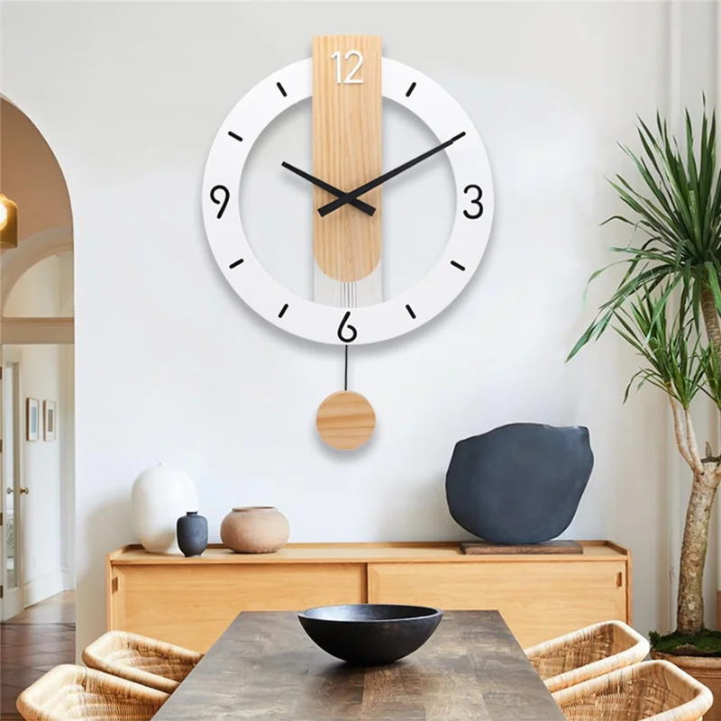 Minimalist Scandinavian Wooden Pendulum Clock Silent Wall Clock for Living Room Bedroom Decor - Arabic Numerals+Scale