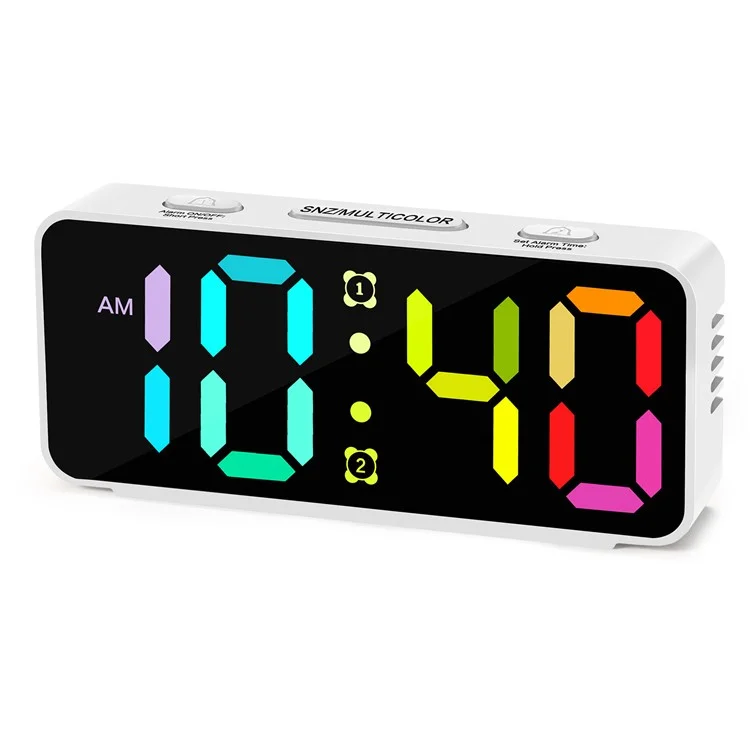 YF2024 Relógio de Mesa Digital Estudante com Espelho de Superfície, Alarme Duplo e 15 Cores RGB - Branco