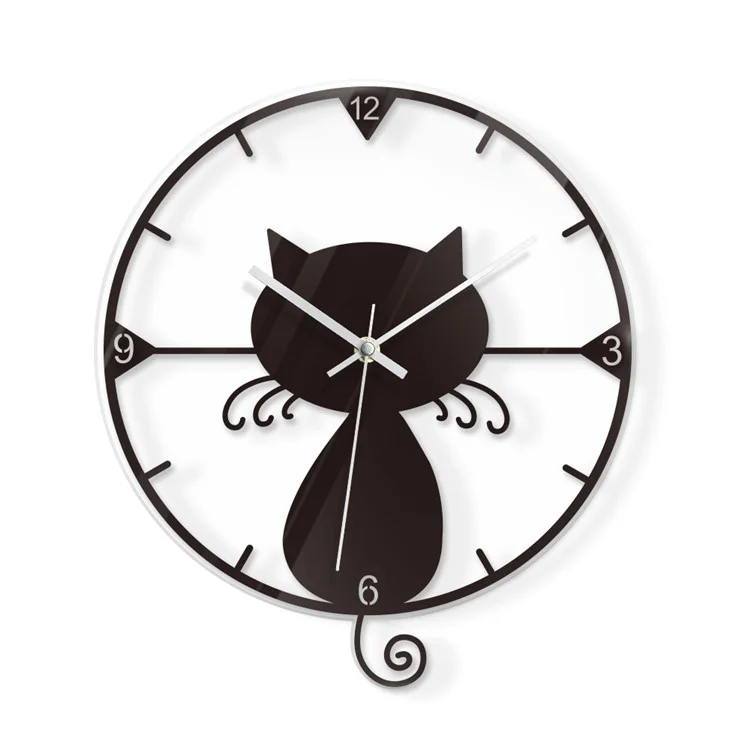 Orologio da parete nero a forma di gatto in acrilico trasparente, silenzioso e senza batterie, adatto per camere da letto dei bambini e soggiorni.