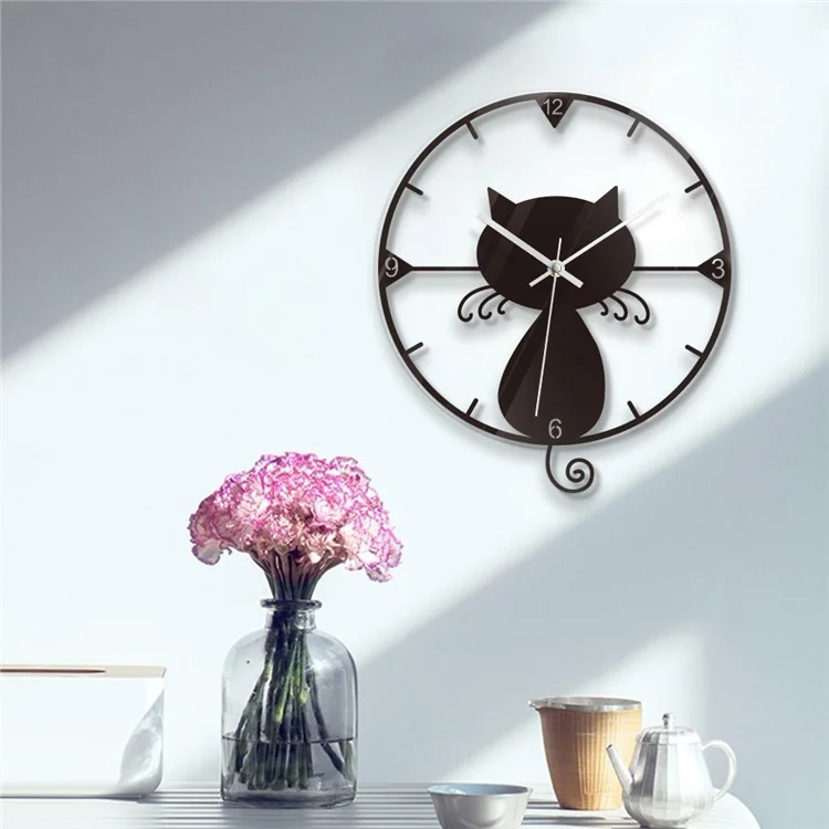 Orologio da parete nero a forma di gatto in acrilico trasparente, silenzioso e senza batterie, adatto per camere da letto dei bambini e soggiorni.