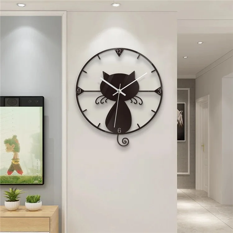 Orologio da parete nero a forma di gatto in acrilico trasparente, silenzioso e senza batterie, adatto per camere da letto dei bambini e soggiorni.