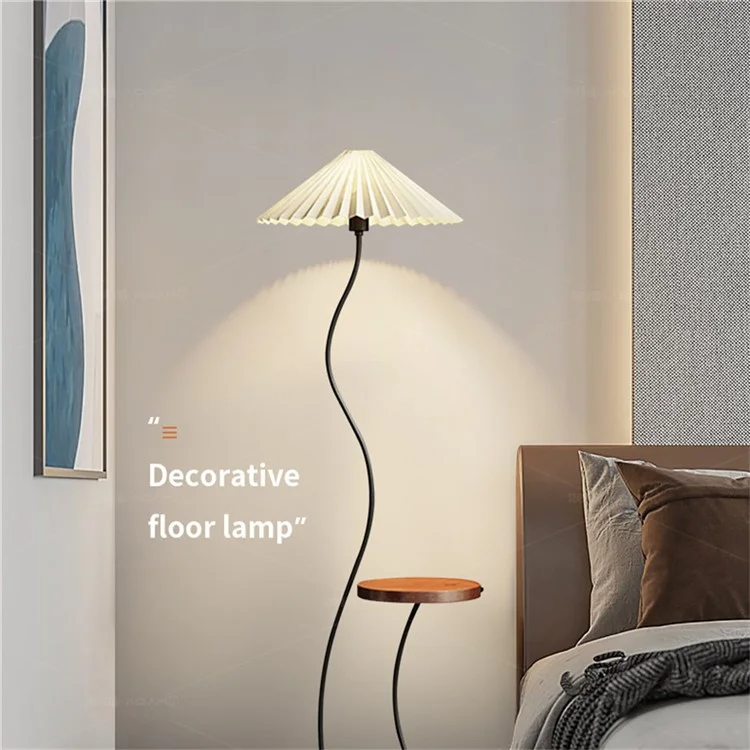 Floor Lamp with Integrated Storage Shelf Phone Wireless Charging Three Color Dimming Sofa Bed Side Light, EU Plug - Black